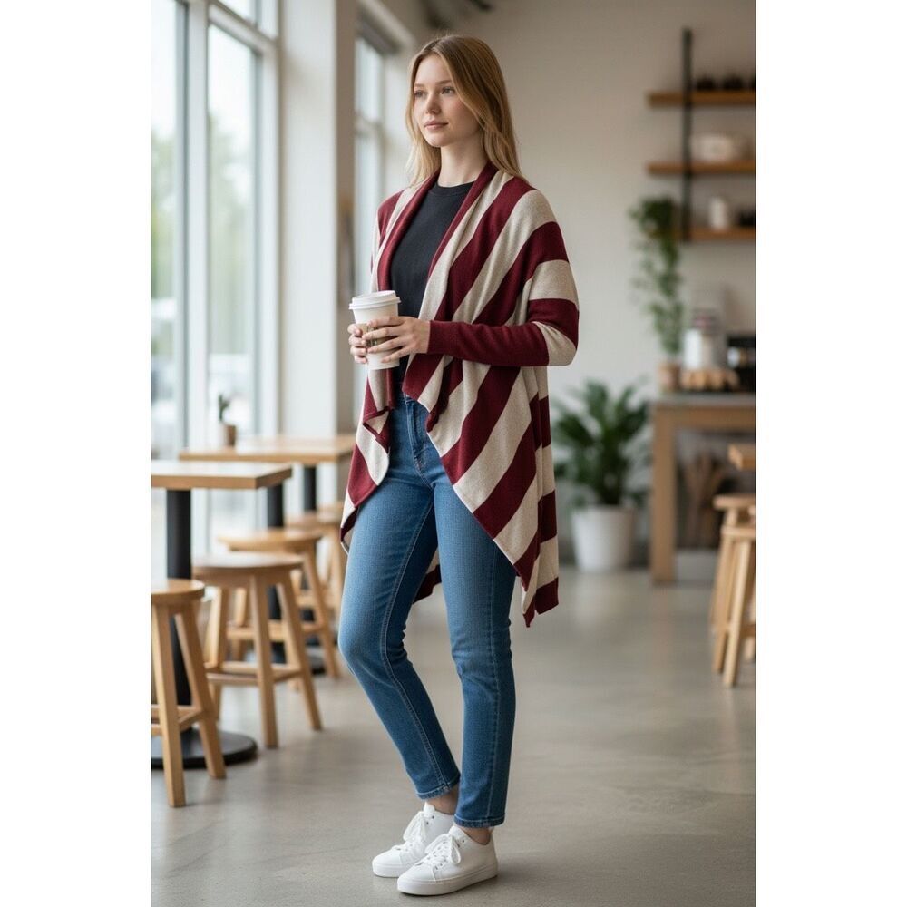 Guess Maroon/Beige Wide Striped Open Flow Cardigan